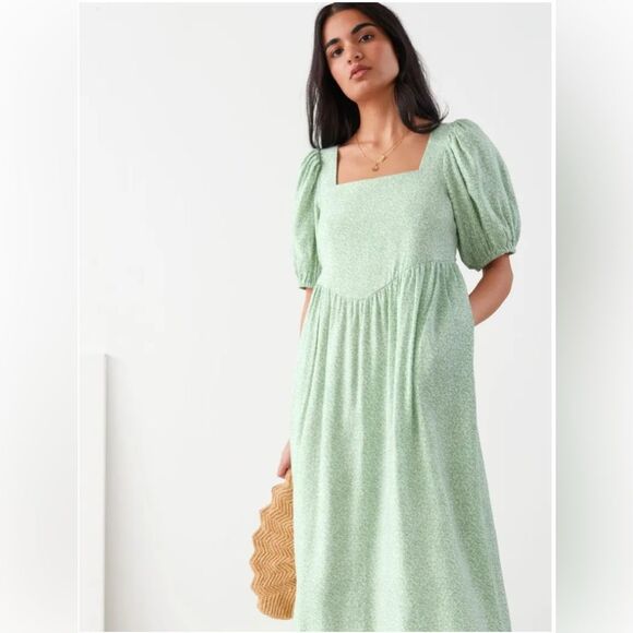 & Other Stories Minty Green Puff Sleeve Square Neck Midi Dress Size 4 - Picture 1 of 16